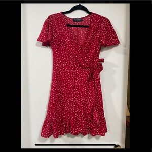 Red polka dot wrap dress